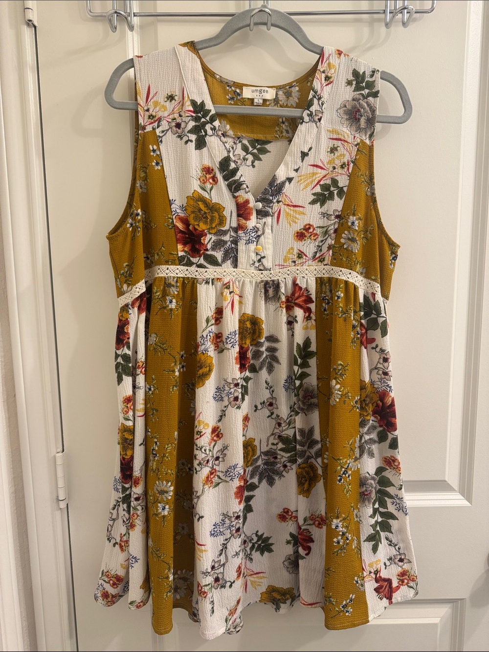 Umgee Mustard and Cream Floral Sleeveless Mini Dress